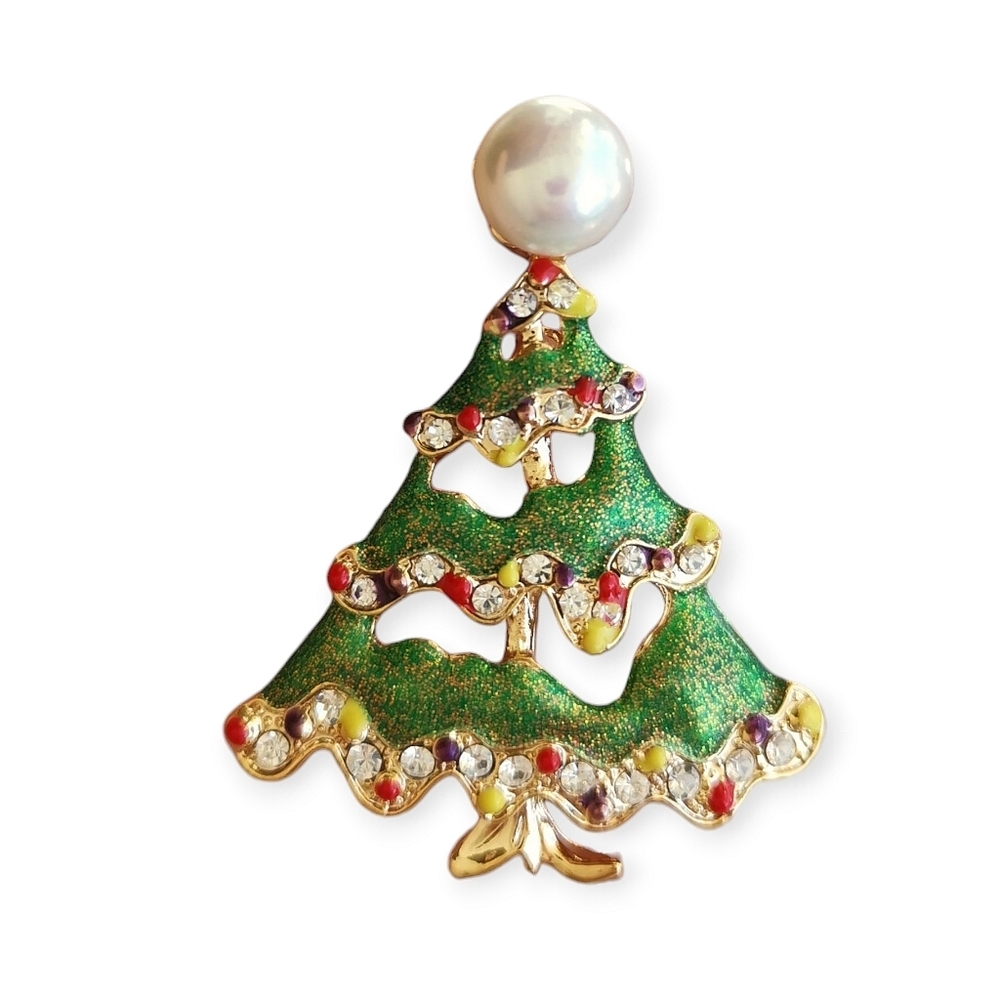 Vintage Christmas Tree Brooch crystal Freshwater Pearl